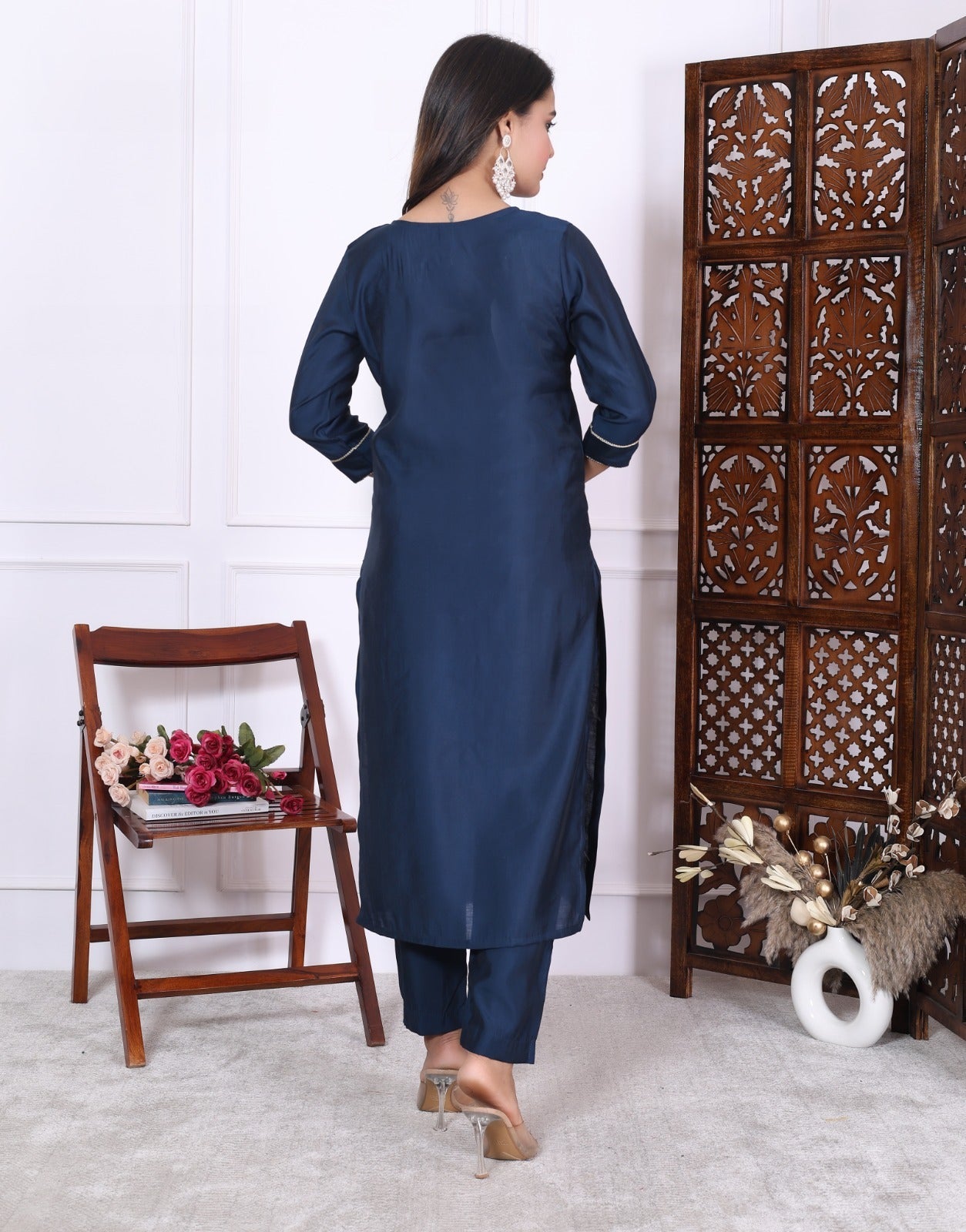 Silky Navy Blue Suit featuring Embedded Golden Stars