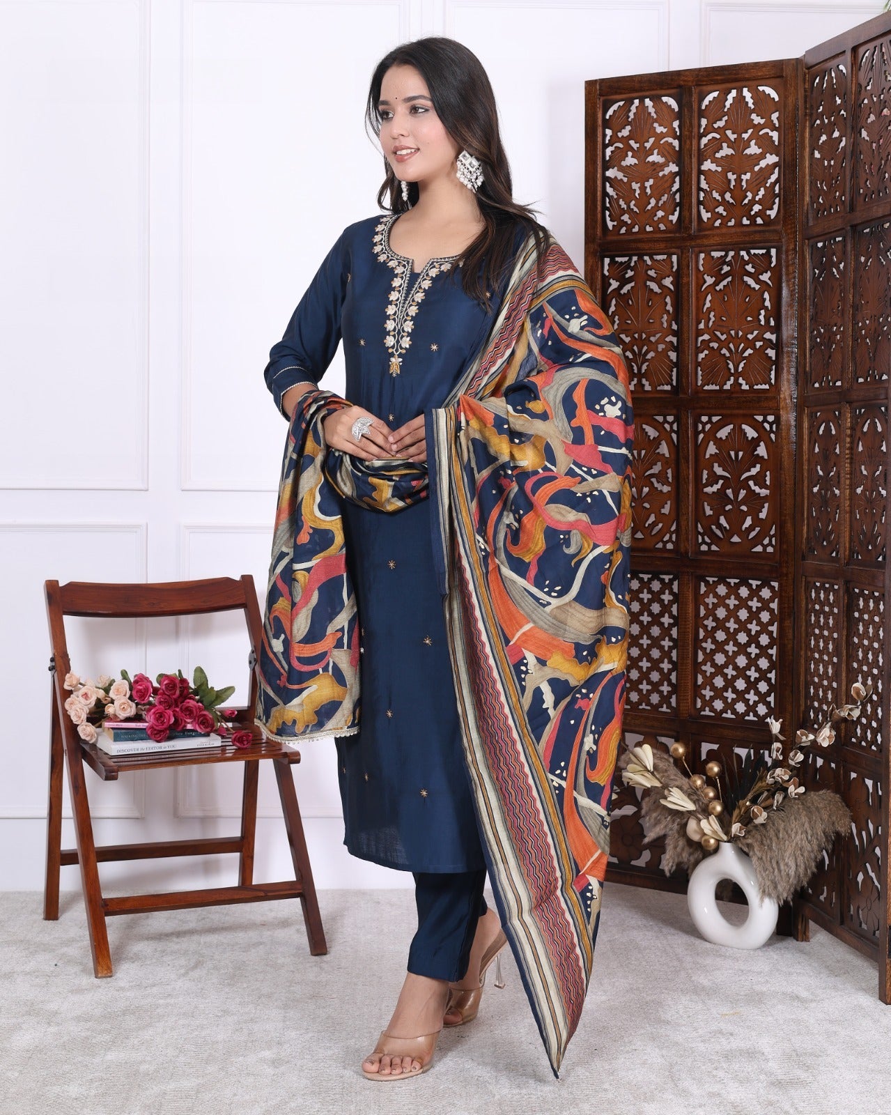 Silky Navy Blue Suit featuring Embedded Golden Stars