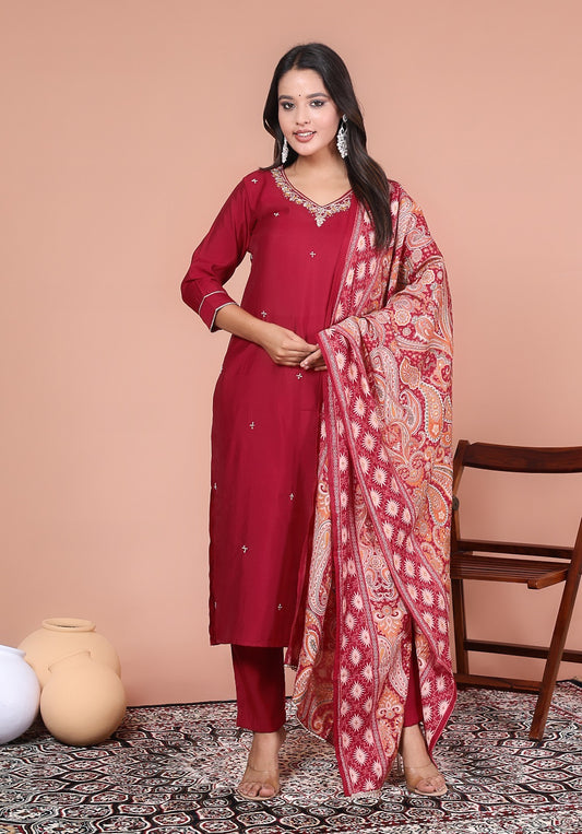 Silky Red Suit adorned with Embedded Golden Stars