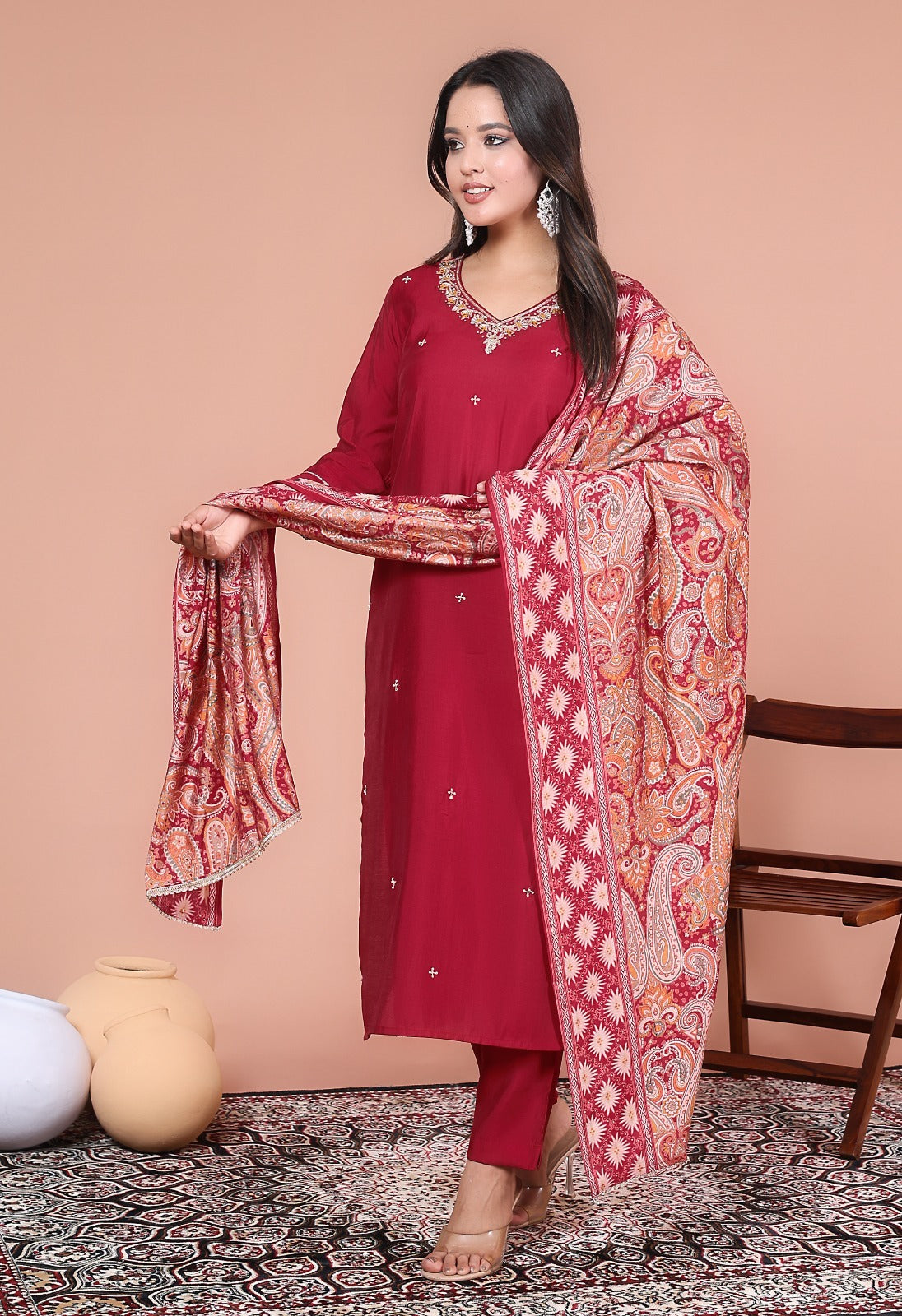 Silky Red Suit adorned with Embedded Golden Stars