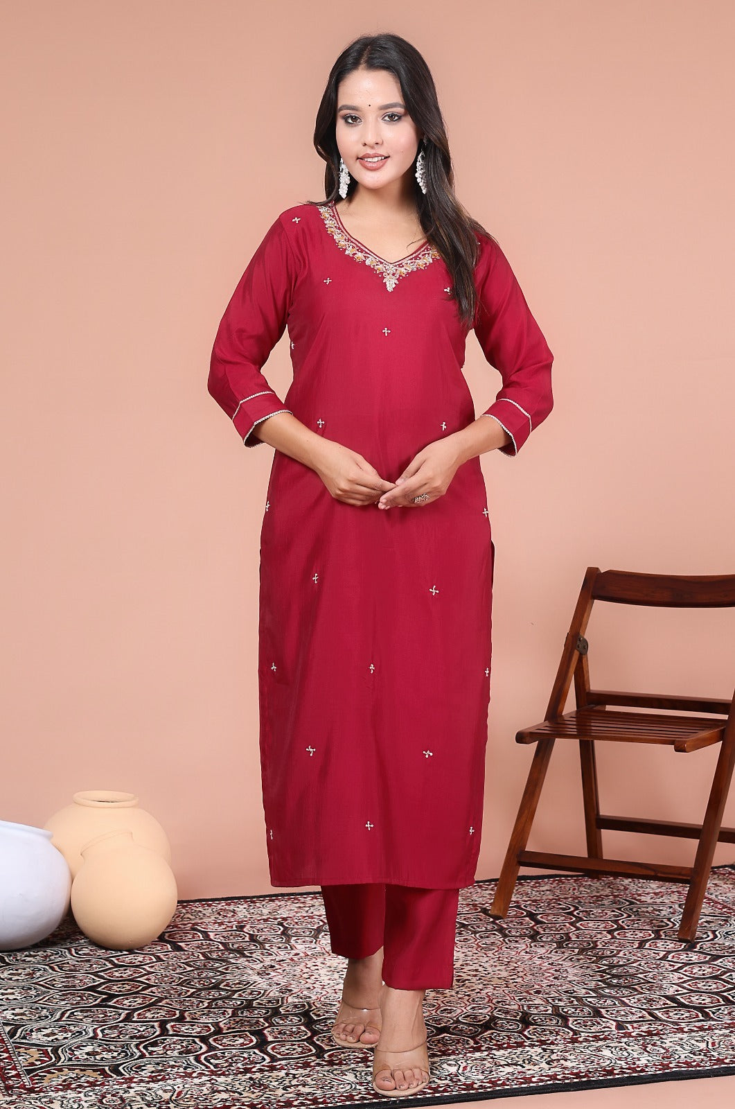 Silky Red Suit adorned with Embedded Golden Stars