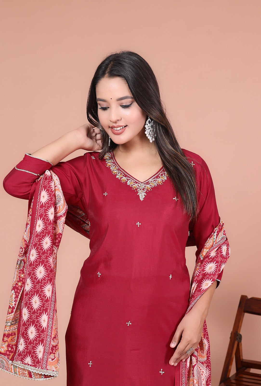 Silky Red Suit adorned with Embedded Golden Stars