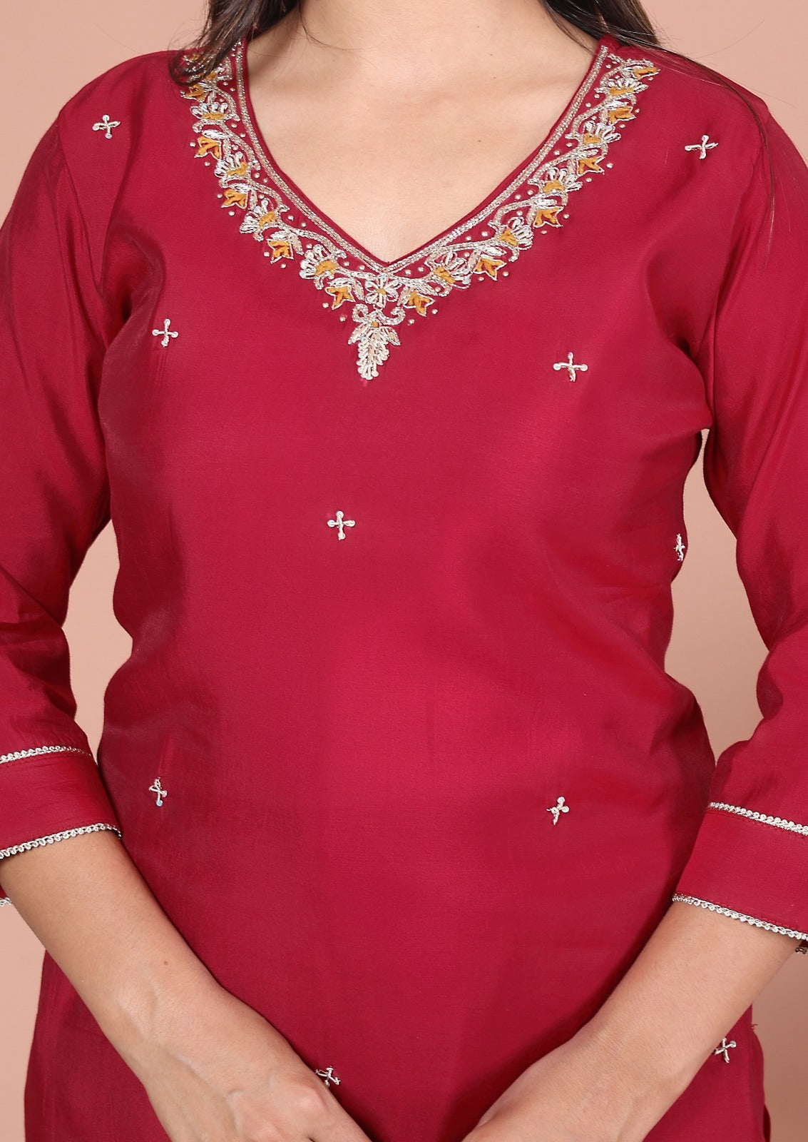 Silky Red Suit adorned with Embedded Golden Stars