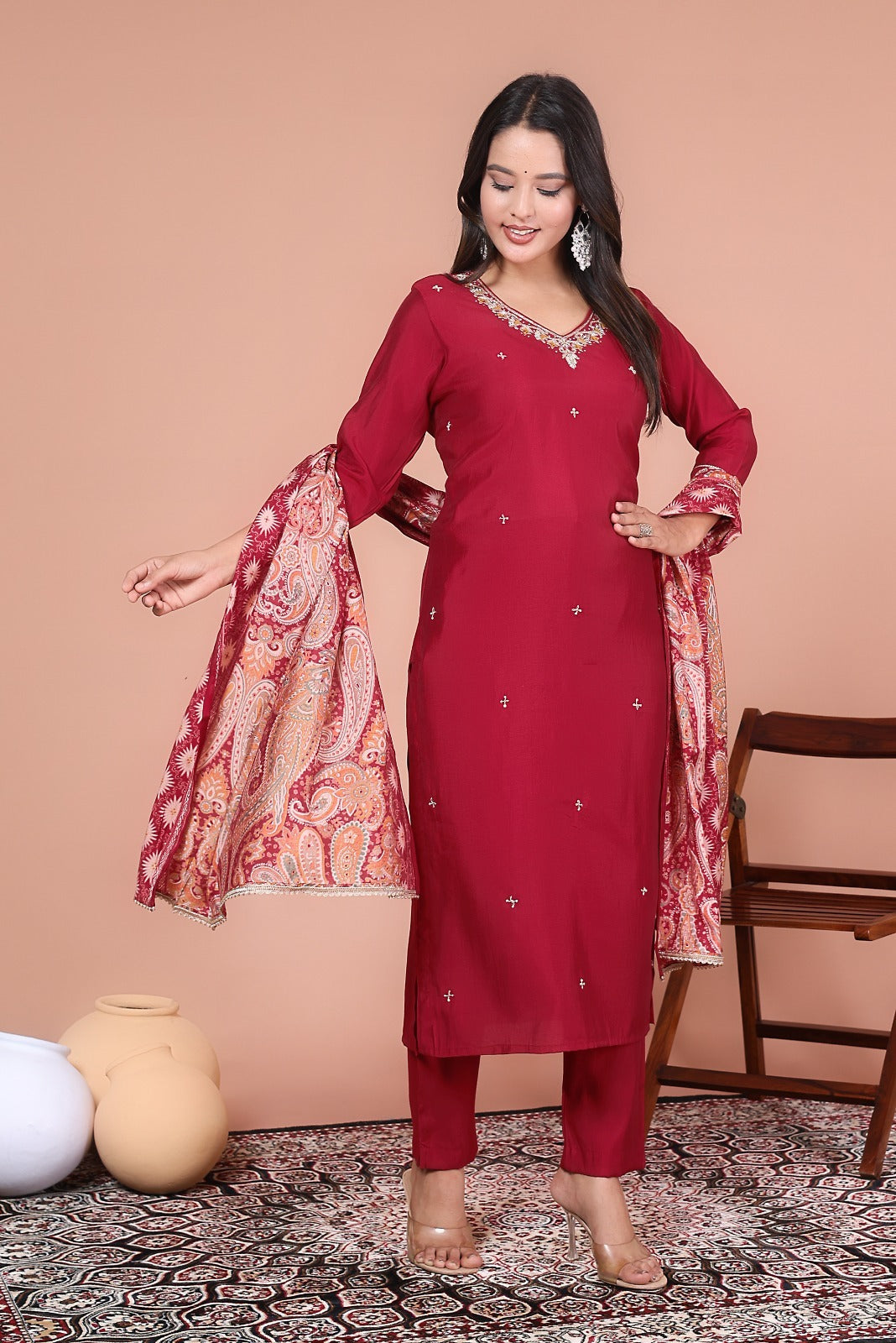 Silky Red Suit adorned with Embedded Golden Stars