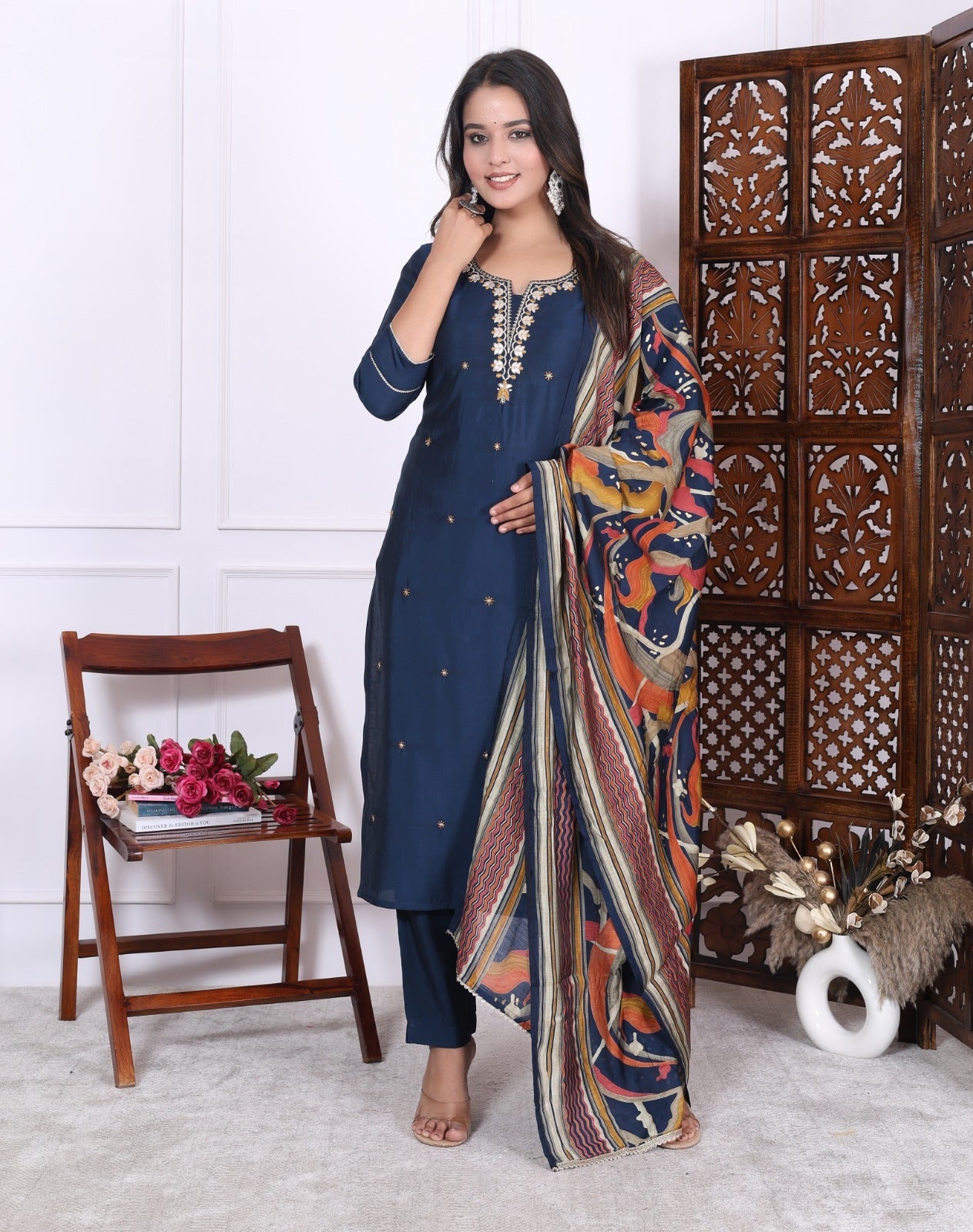Silky Navy Blue Suit featuring Embedded Golden Stars