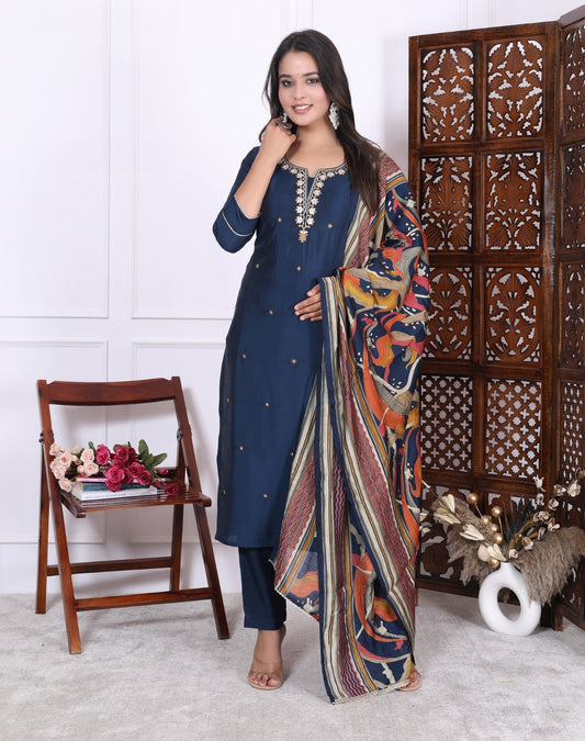 Silky Navy Blue Suit featuring Embedded Golden Stars