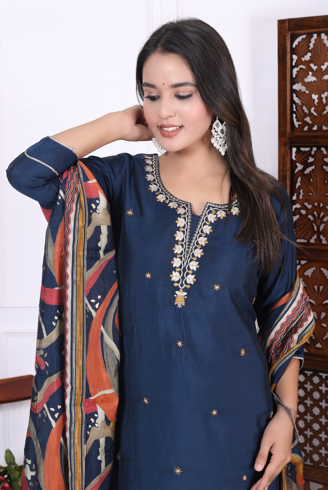 Silky Navy Blue Suit featuring Embedded Golden Stars