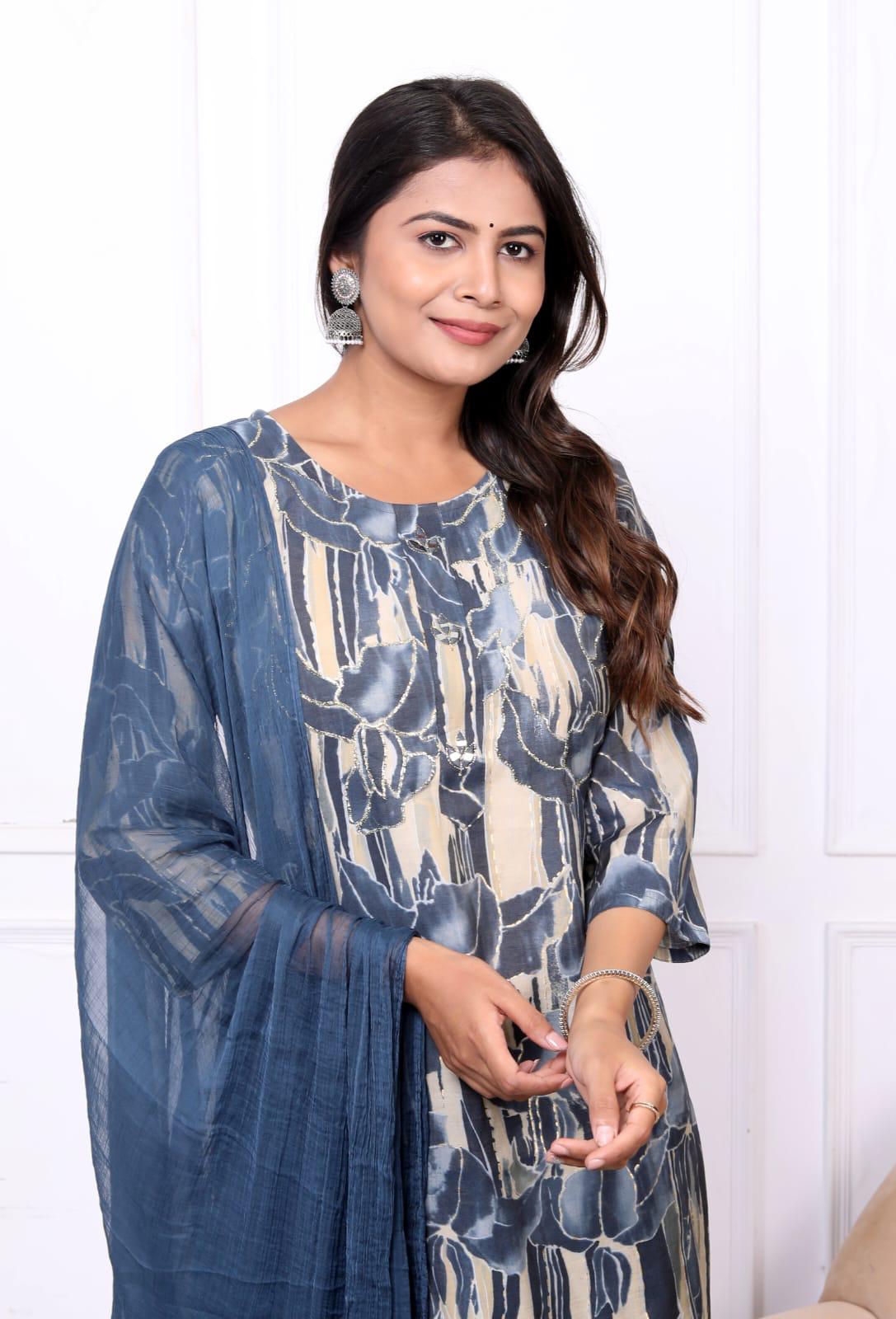 Set with Navy Blue Geometric Patterns paired with Solid Navy Blue Pajamas