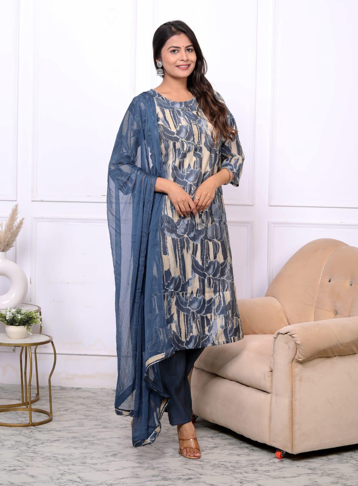 Set with Navy Blue Geometric Patterns paired with Solid Navy Blue Pajamas