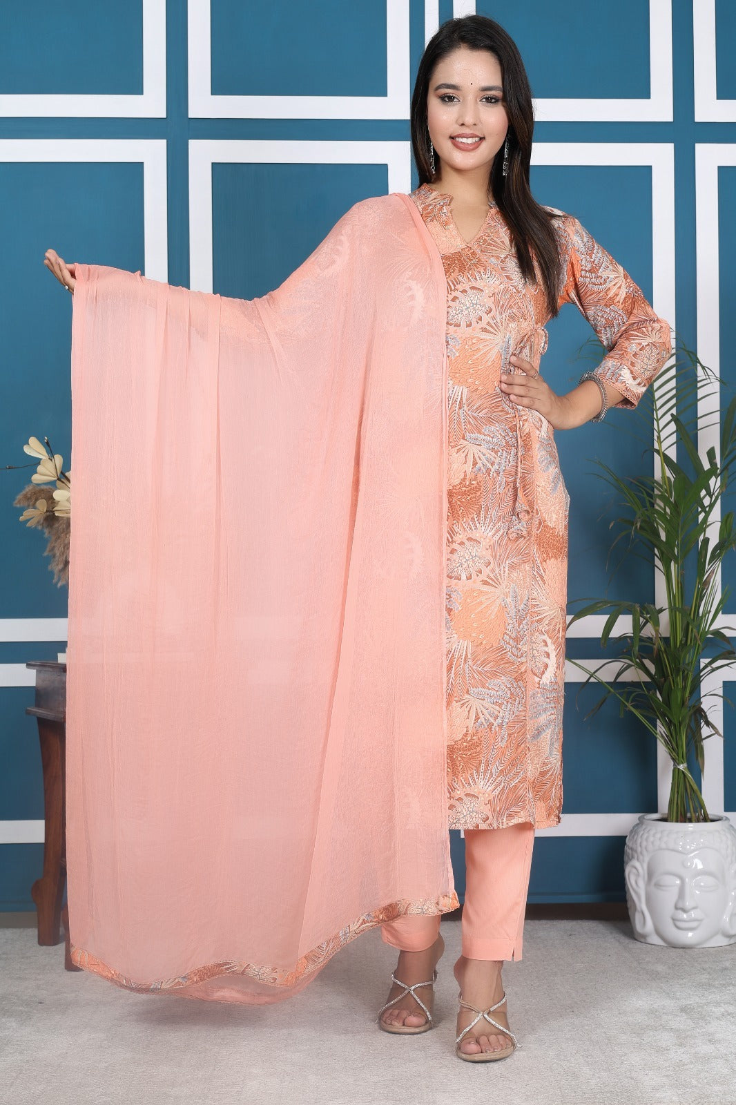 Peach Floral Suit with Chiffon Dupatta