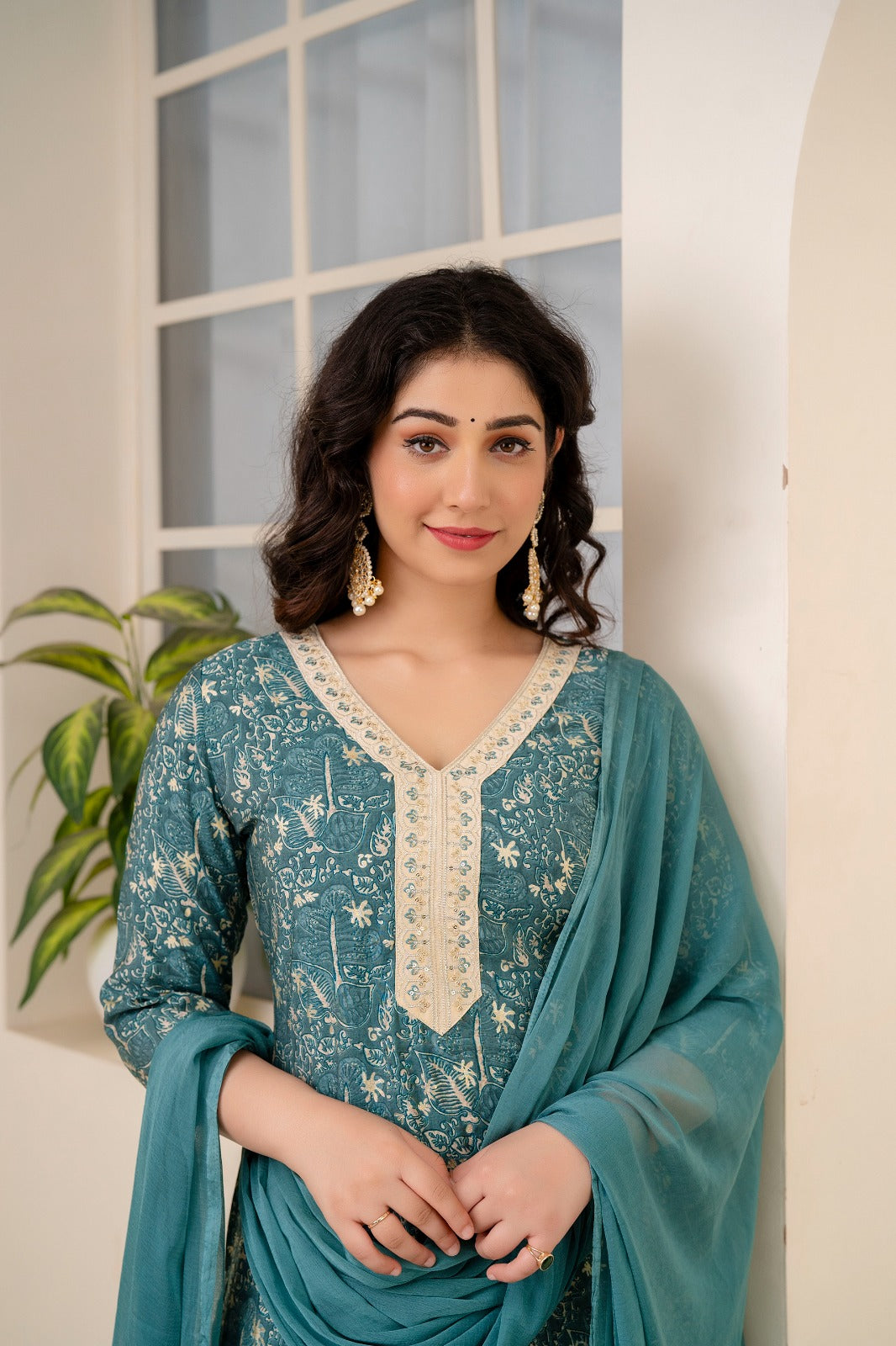 Bottle Green Roman Silk with Golden Collar Embroidery paired with Beige Pajamas