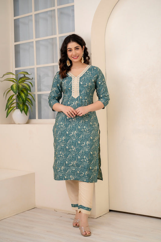 Bottle Green Roman Silk with Golden Collar Embroidery paired with Beige Pajamas