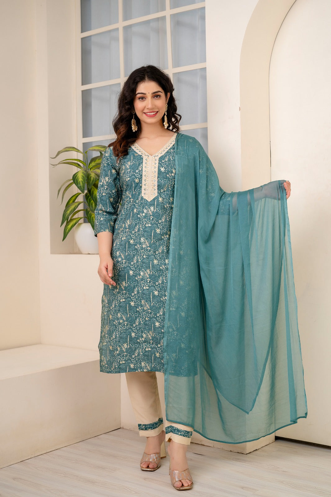 Bottle Green Roman Silk with Golden Collar Embroidery paired with Beige Pajamas