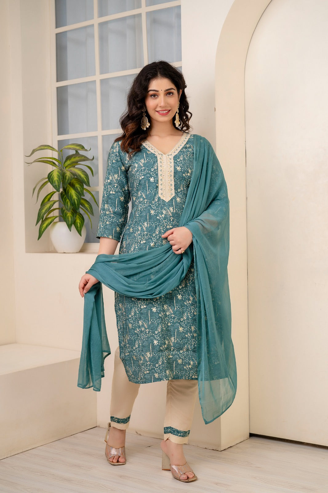Bottle Green Roman Silk with Golden Collar Embroidery paired with Beige Pajamas