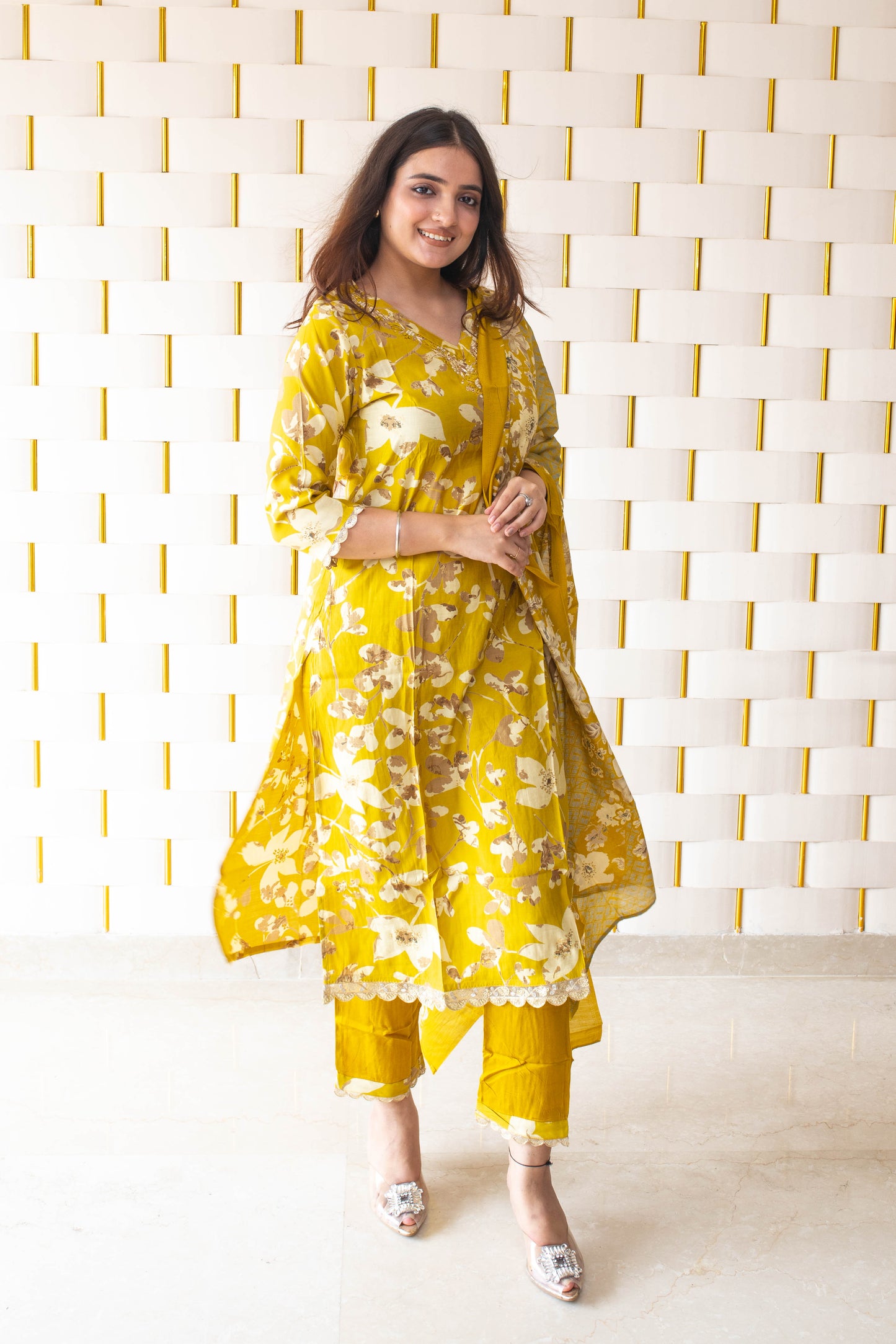 Yellow floral Suit with Golden Border and Dupatta