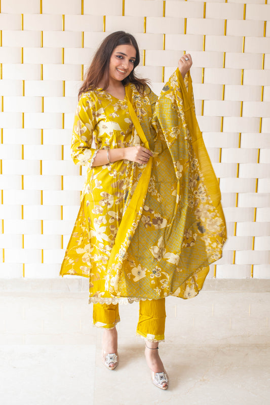 Yellow floral Suit with Golden Border and Dupatta