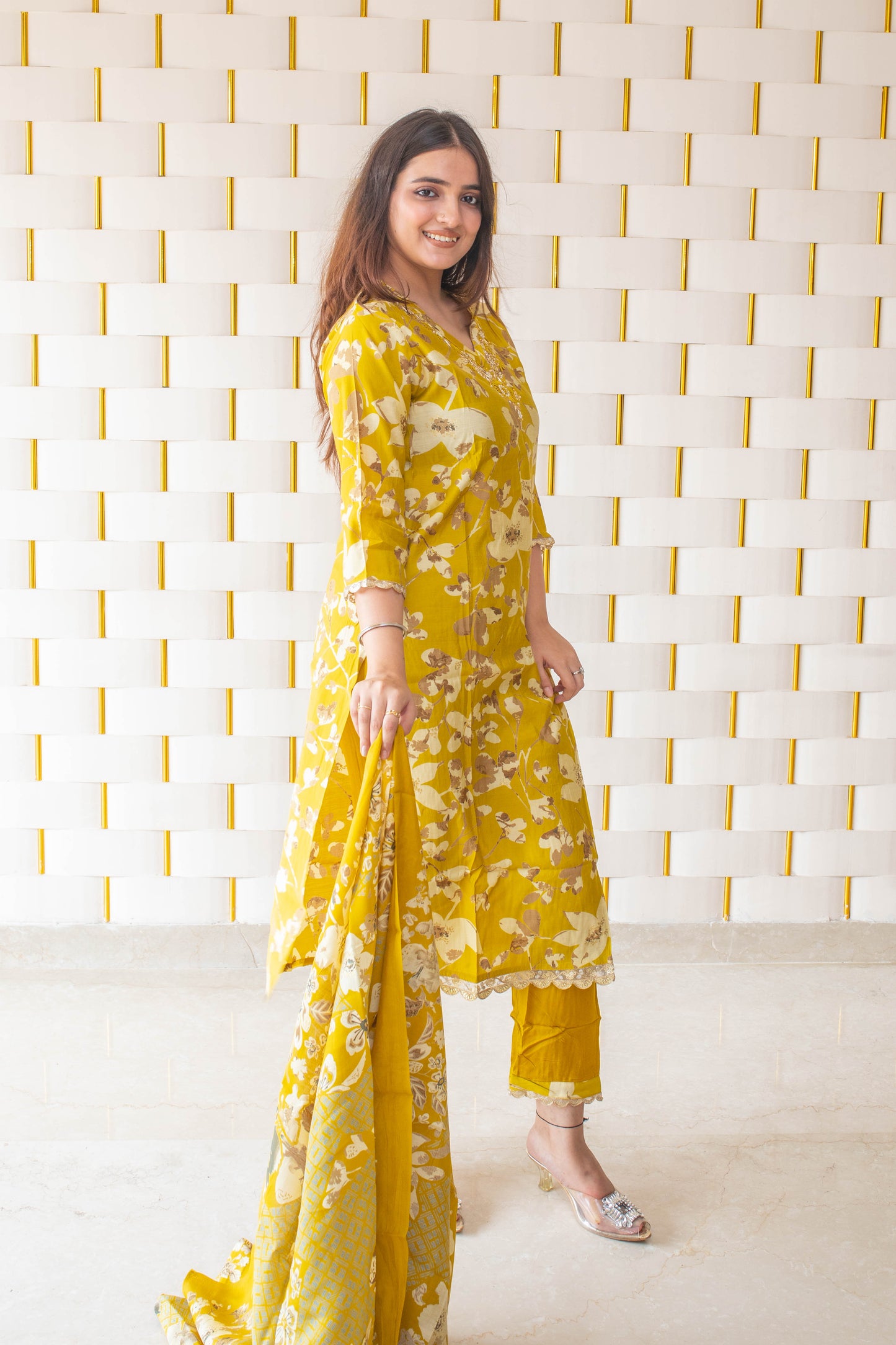 Yellow floral Suit with Golden Border and Dupatta