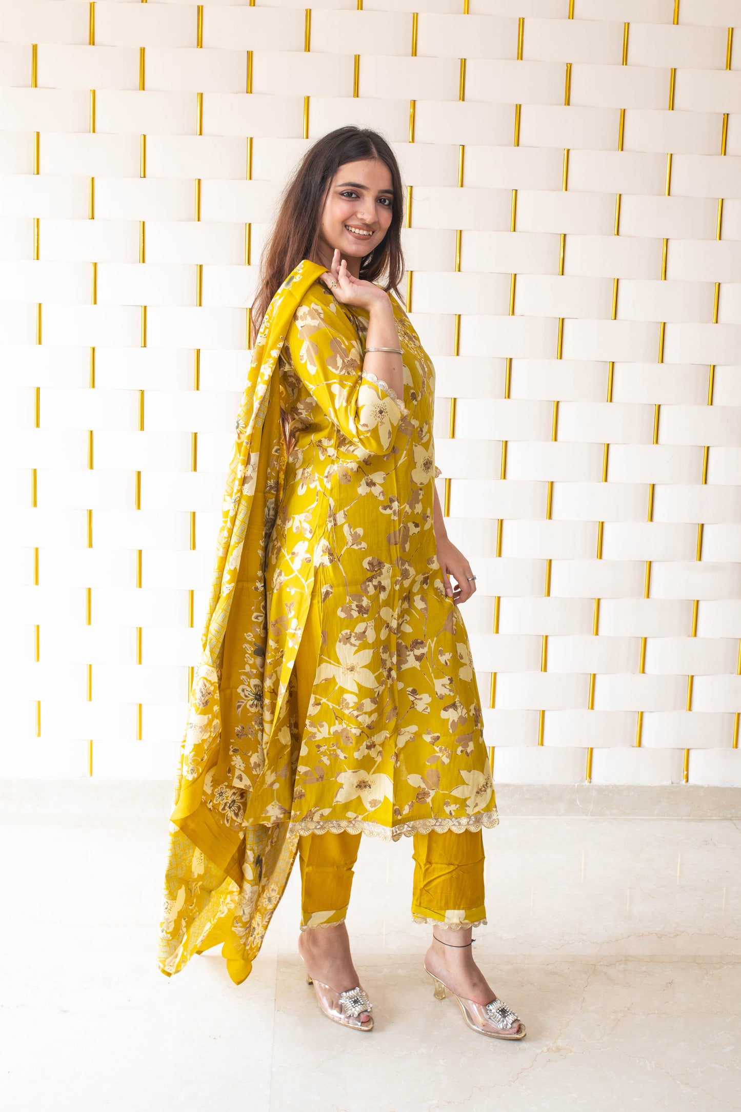 Yellow floral Suit with Golden Border and Dupatta