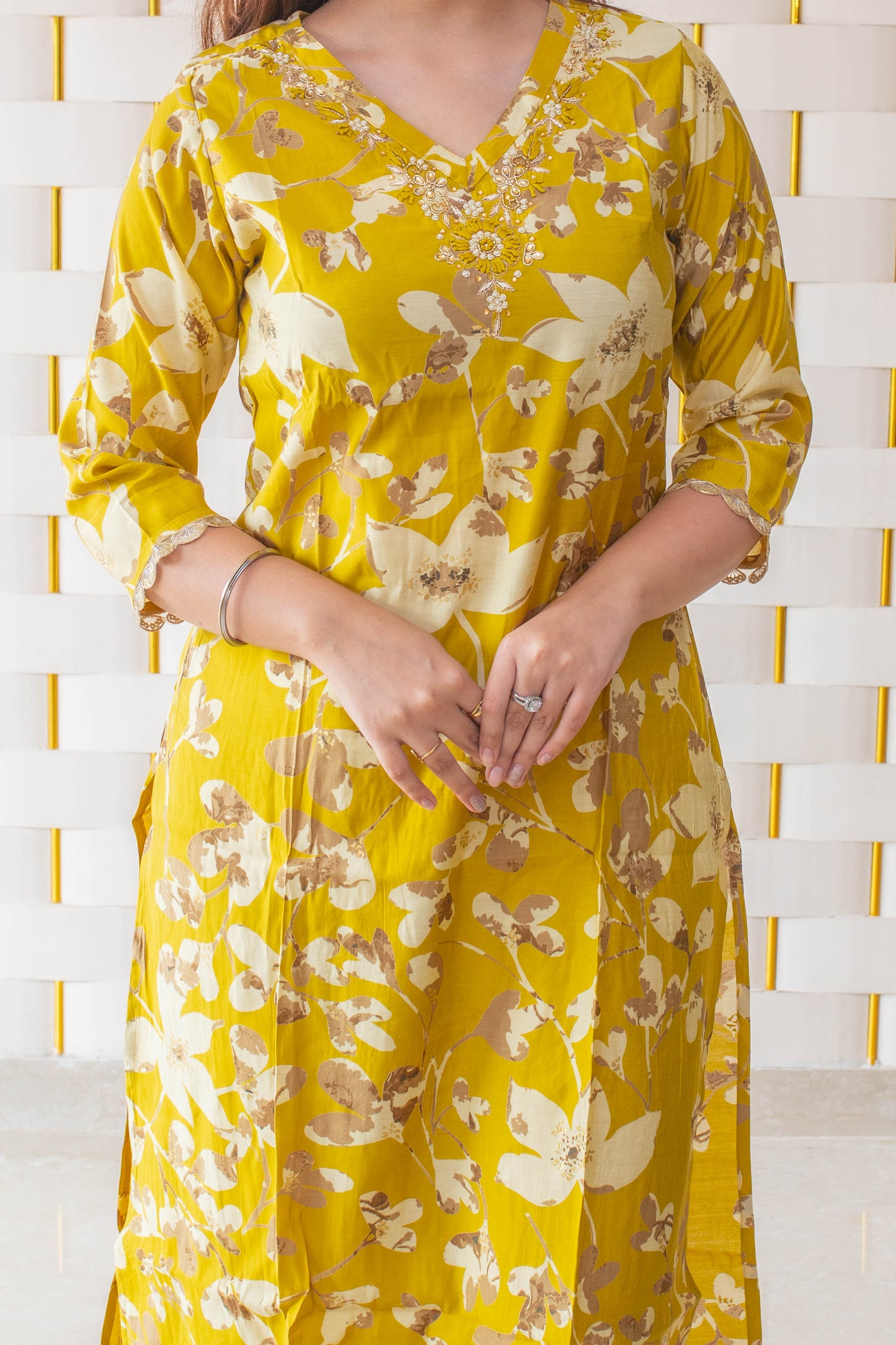 Yellow floral Suit with Golden Border and Dupatta