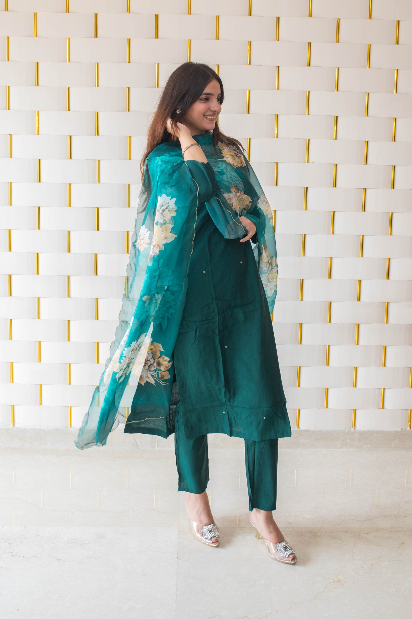 Bottle green Suit with kadhai work and floral Dupatta