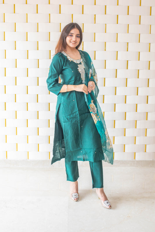 Bottle green Suit with kadhai work and floral Dupatta