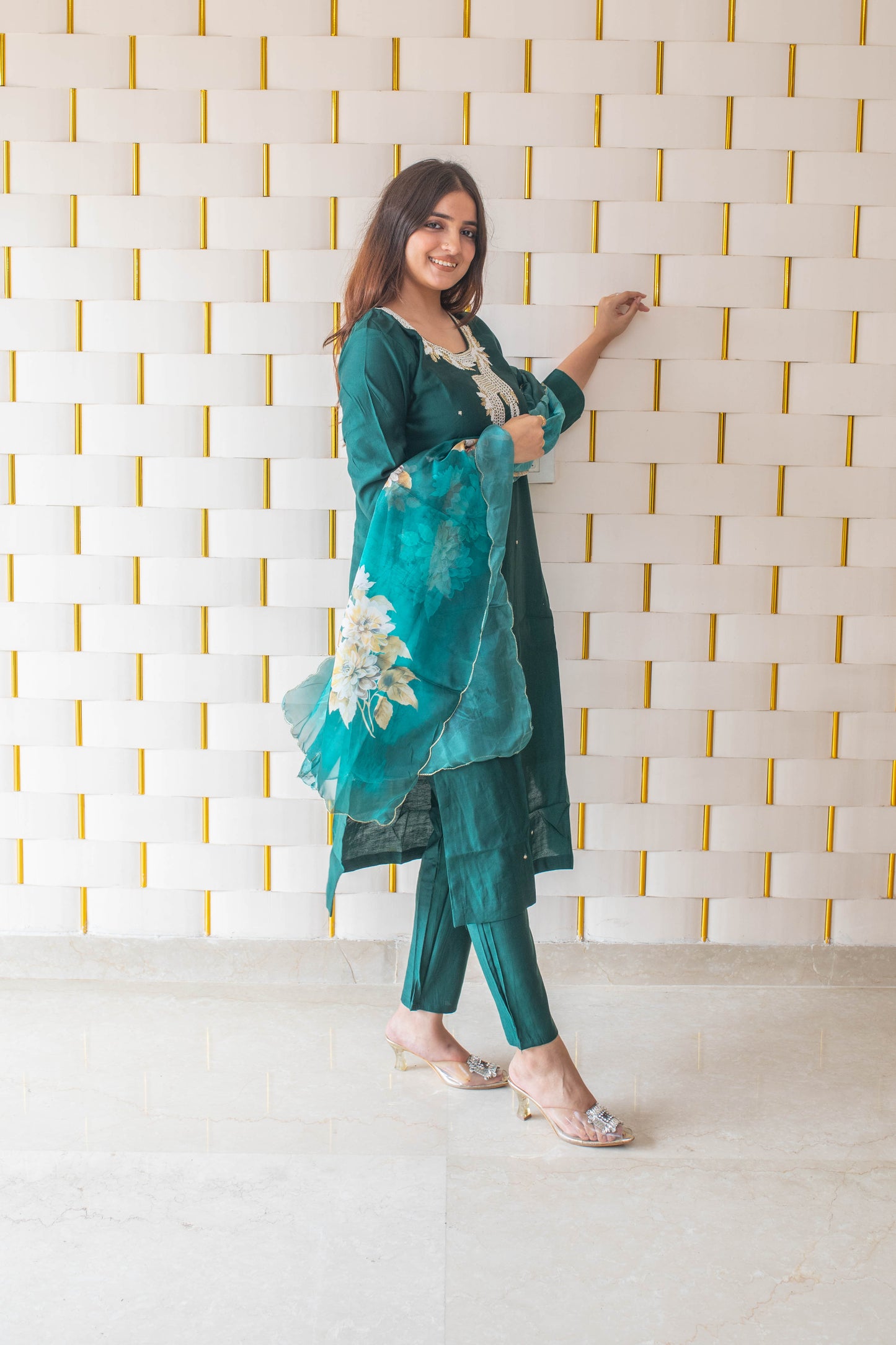 Bottle green Suit with kadhai work and floral Dupatta