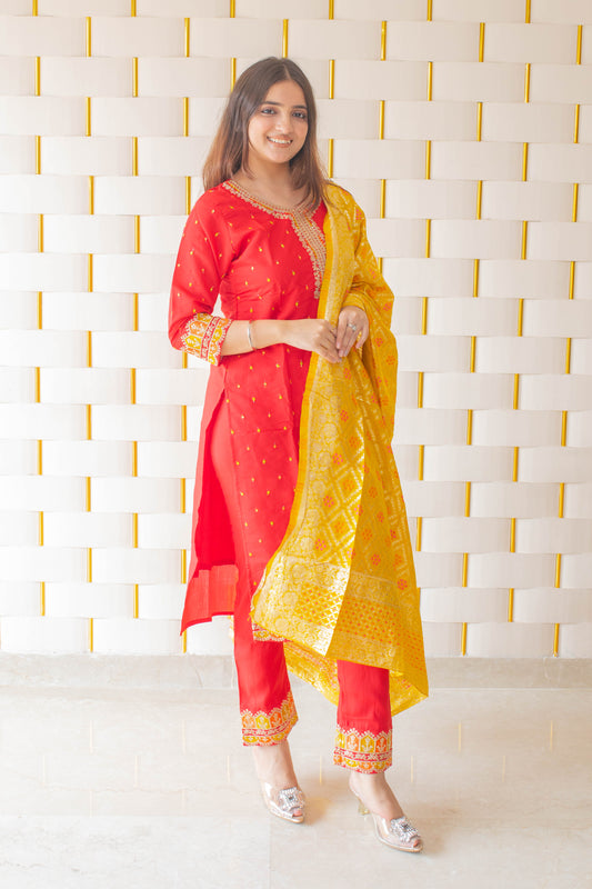 Red Suit with kadhai work on neck, sleeves and borders with Yellow Silk Dupatta
