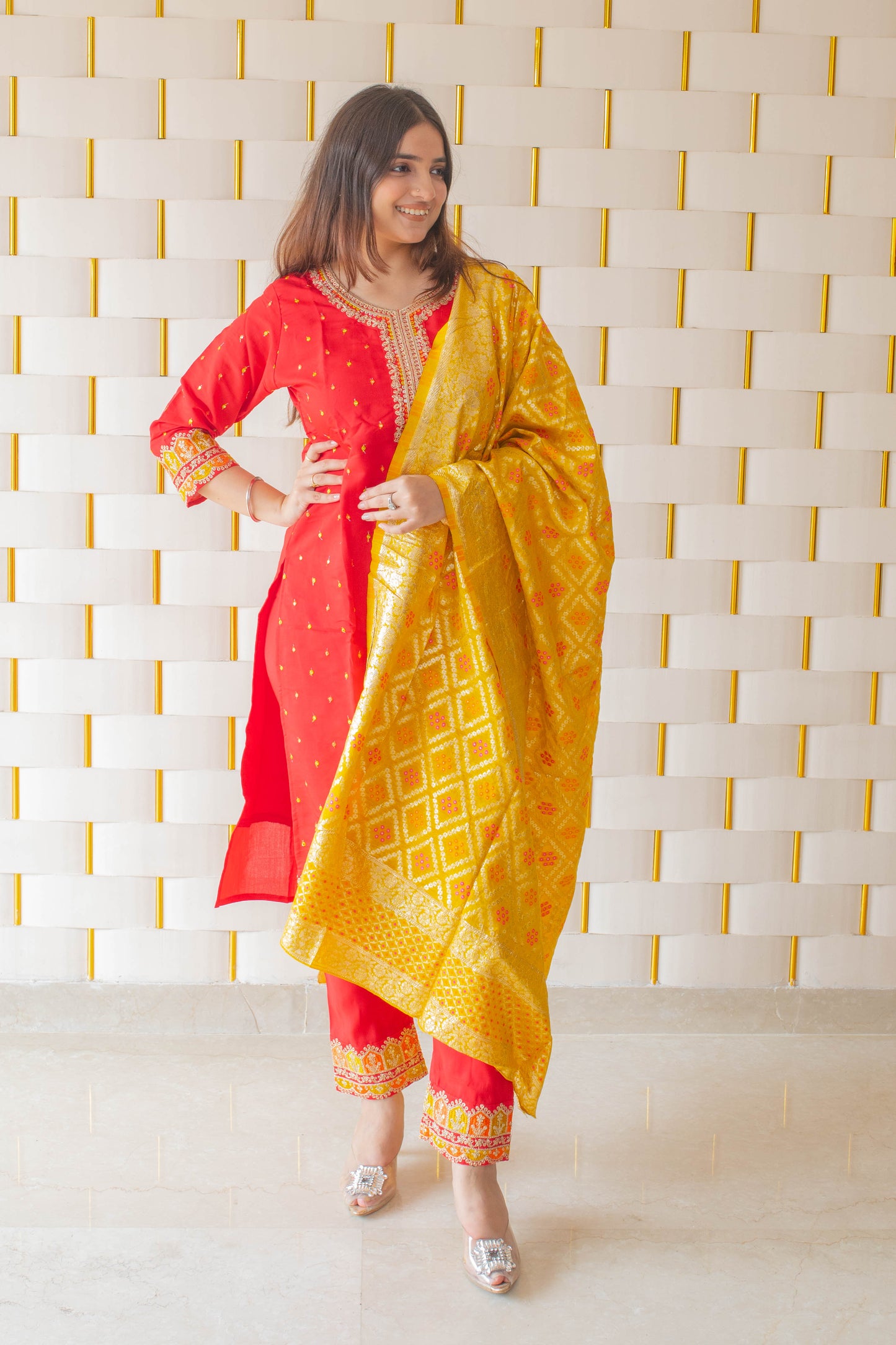 Red Suit with kadhai work on neck, sleeves and borders with Yellow Silk Dupatta
