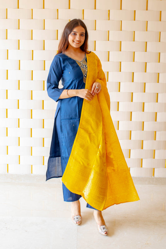 Blue Suit with Kadhai and Beads Work on Neck with Yellow Silk Dupatta