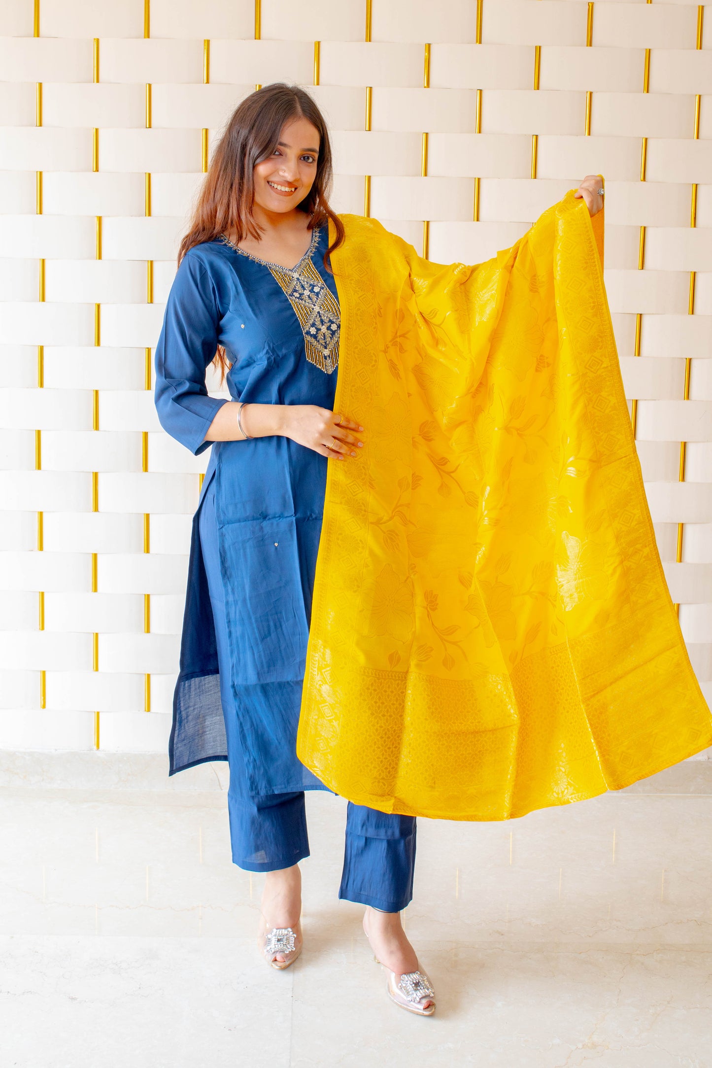 Blue Suit with Kadhai and Beads Work on Neck with Yellow Silk Dupatta