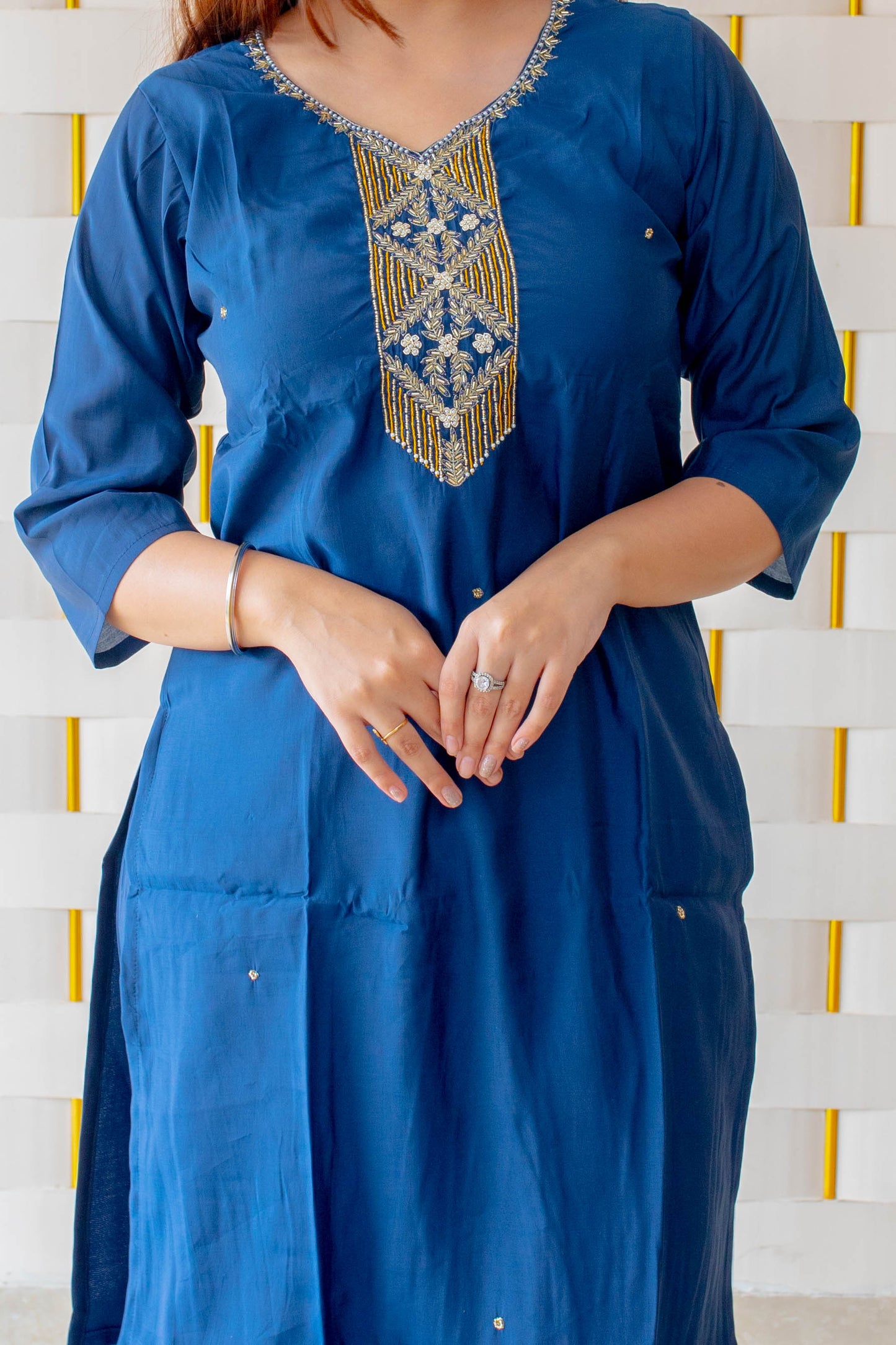 Blue Suit with Kadhai and Beads Work on Neck with Yellow Silk Dupatta