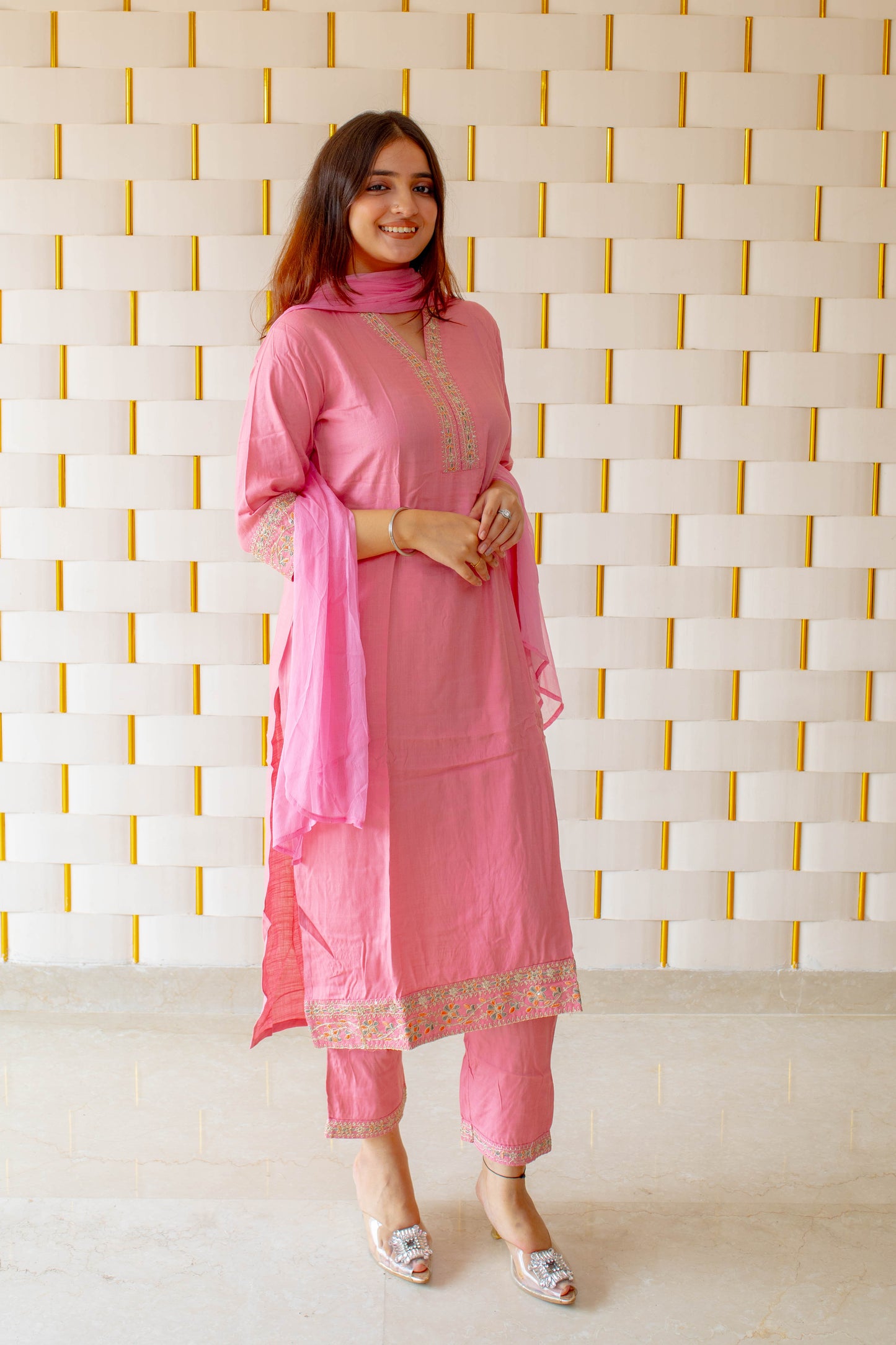 Pink Cotton Silk Suit with Kadhai work on Neck, Sleeves and Borders with Chiffon Dupatta
