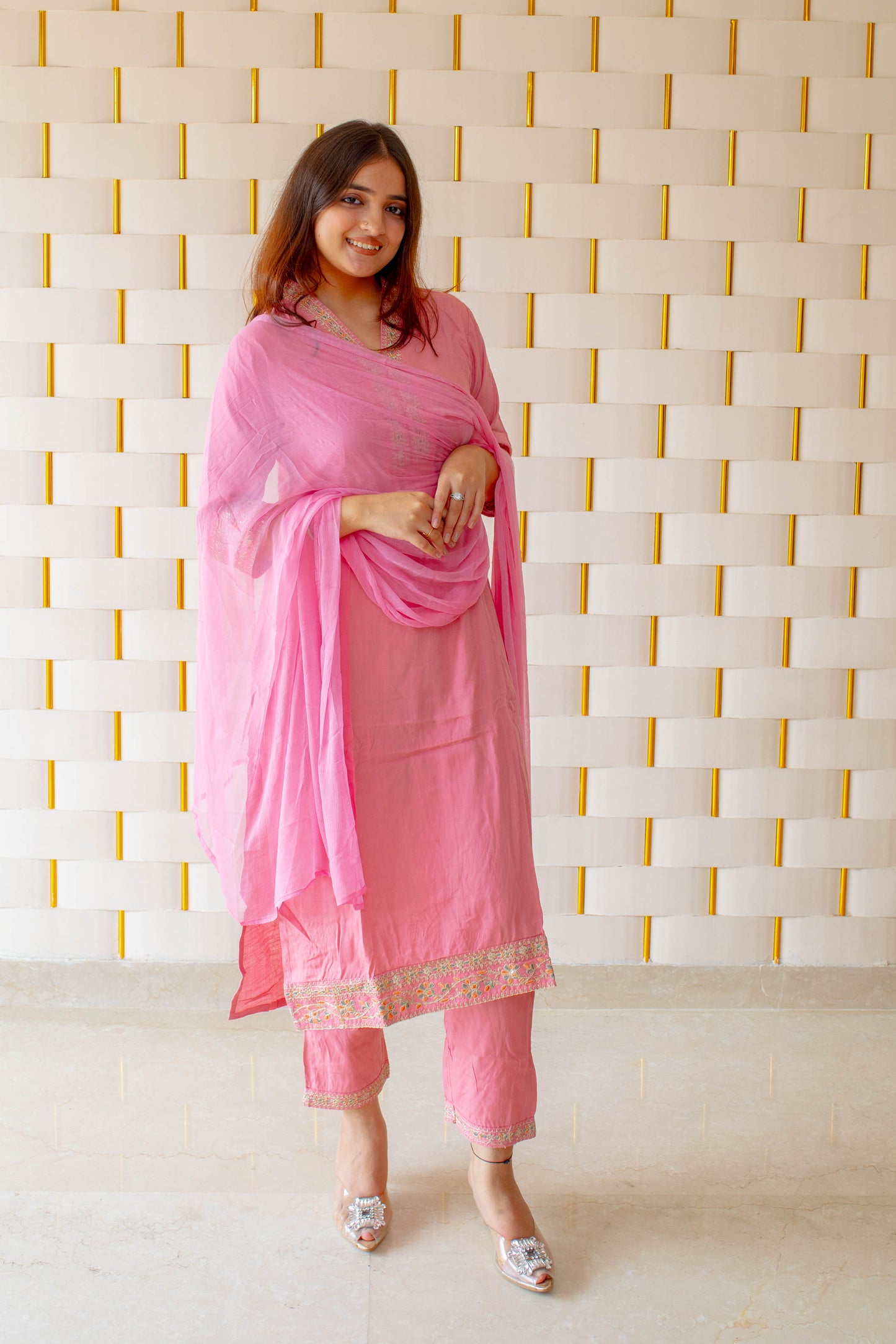Pink Cotton Silk Suit with Kadhai work on Neck, Sleeves and Borders with Chiffon Dupatta