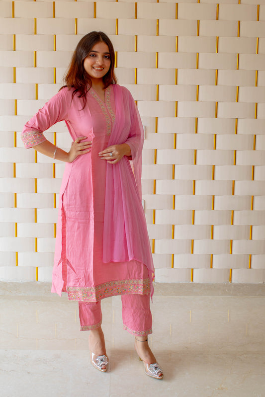 Pink Cotton Silk Suit with Kadhai work on Neck, Sleeves and Borders with Chiffon Dupatta
