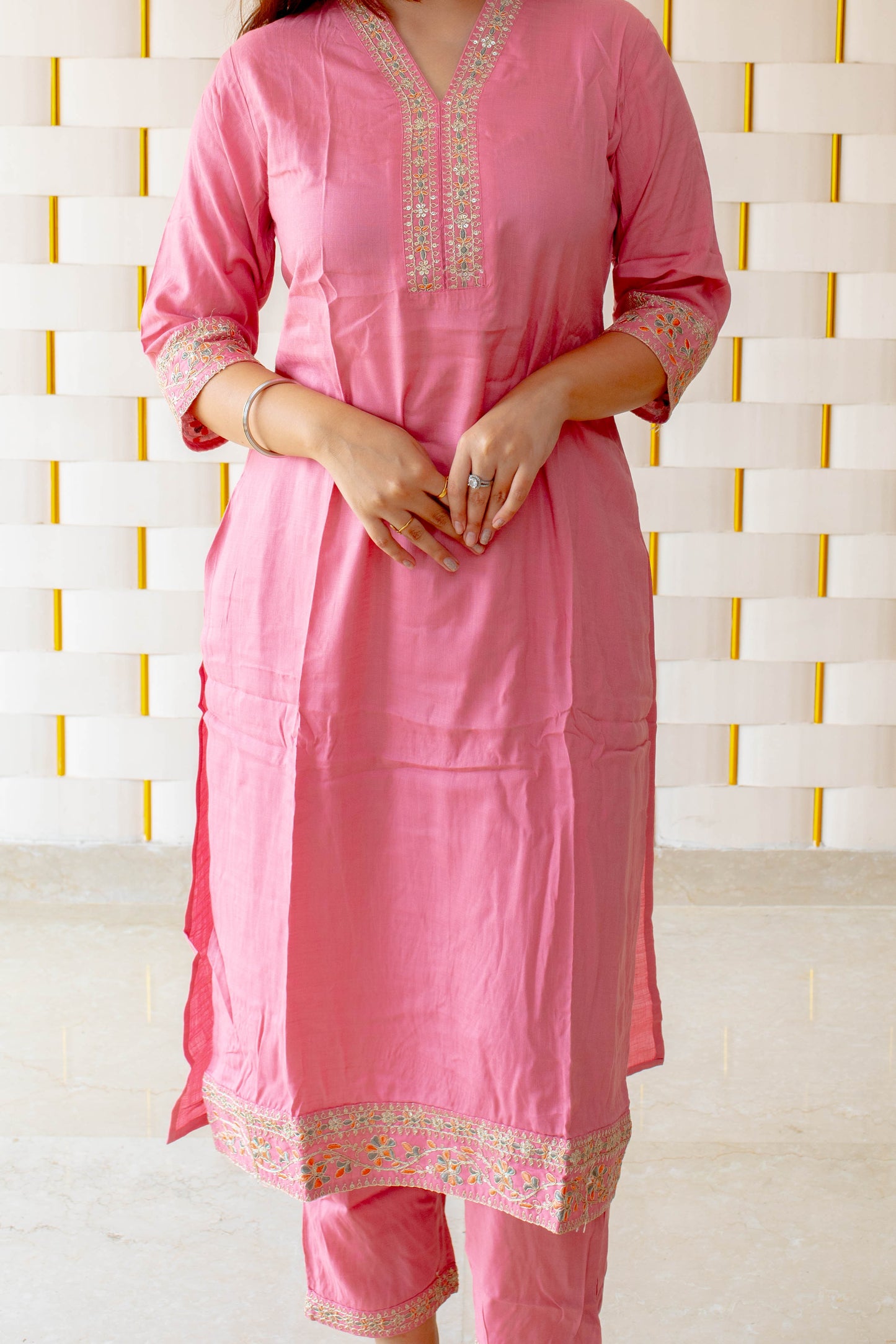 Pink Cotton Silk Suit with Kadhai work on Neck, Sleeves and Borders with Chiffon Dupatta