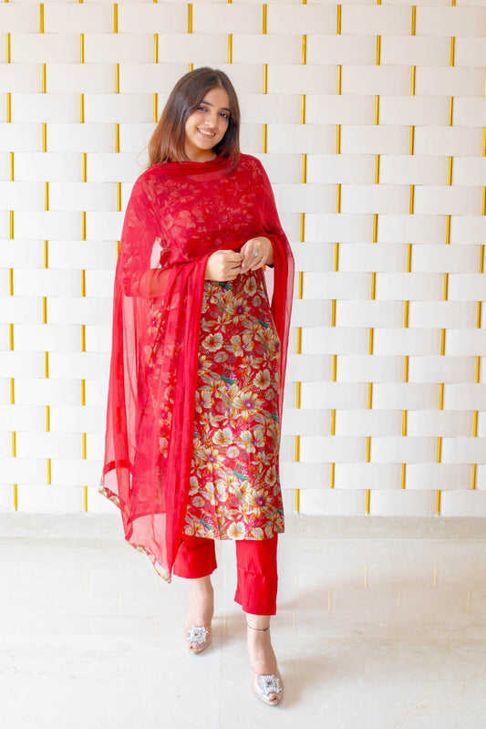 Floral red and golden brown muslin Suit with chiffon Red Dupatta