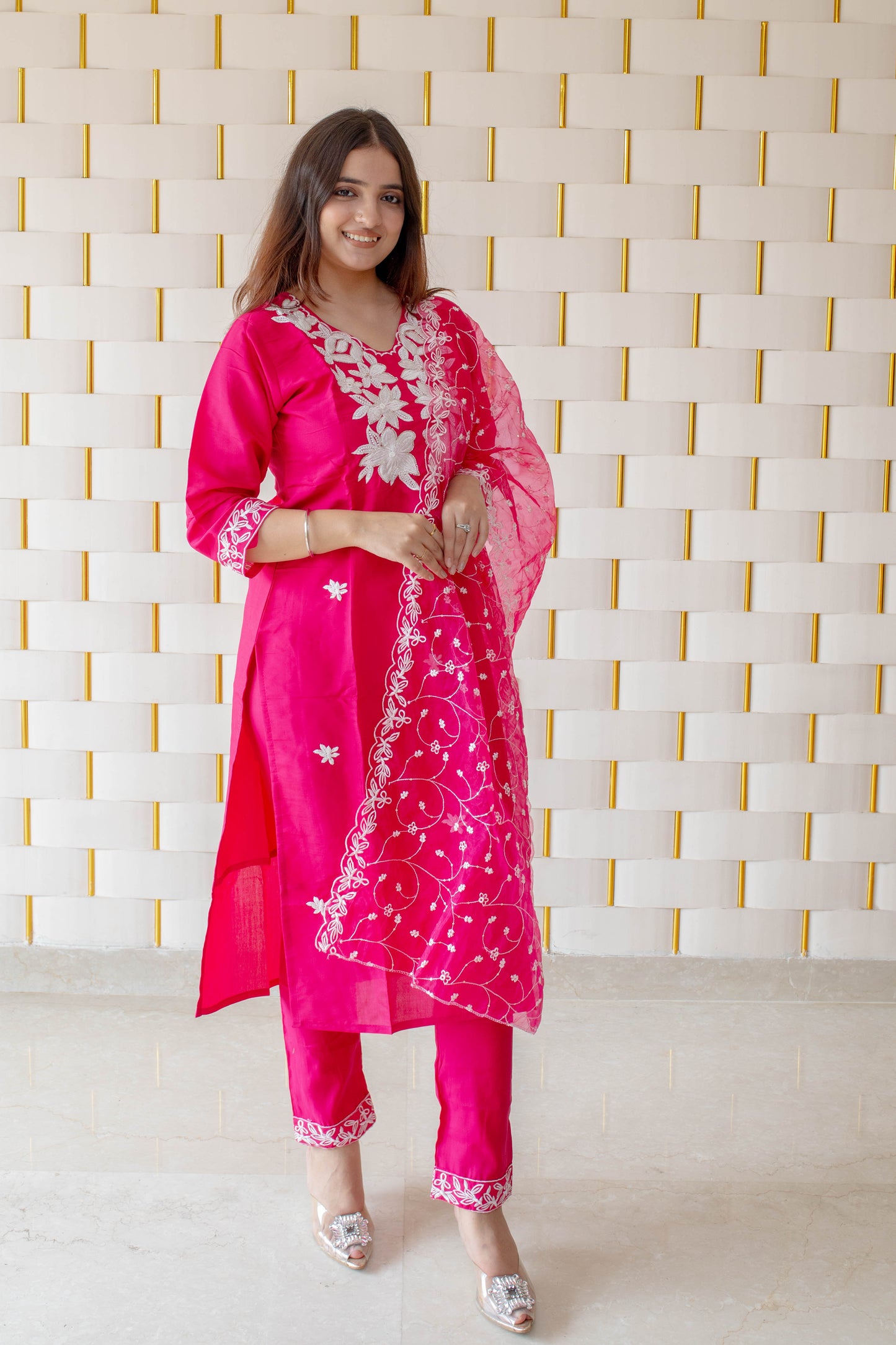 Bright Pink Suit with White Floral work on Neck, Borders and Dupatta