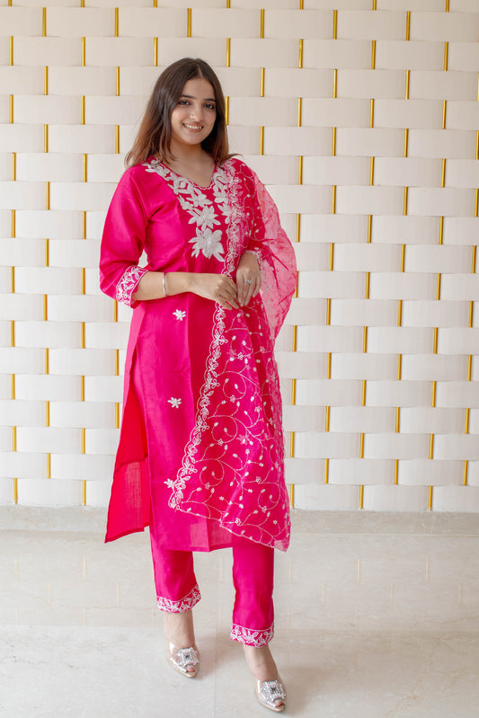 Bright Pink Suit with White Floral work on Neck, Borders and Dupatta