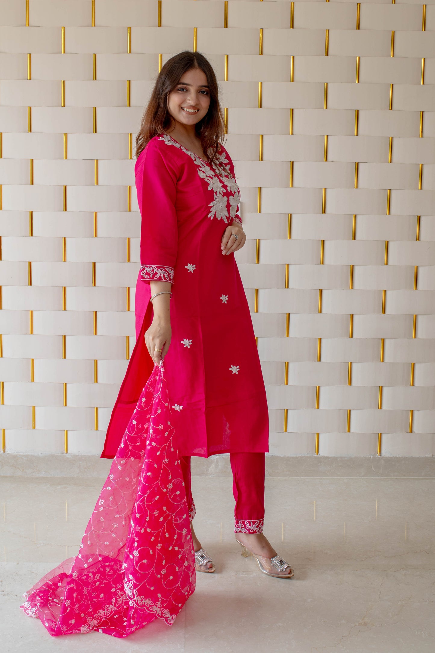 Bright Pink Suit with White Floral work on Neck, Borders and Dupatta