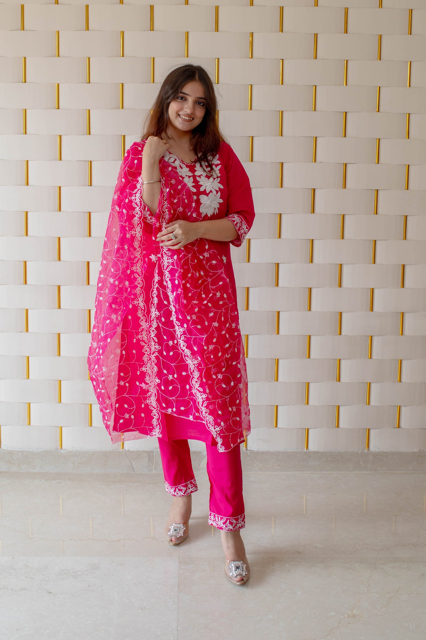 Bright Pink Suit with White Floral work on Neck, Borders and Dupatta
