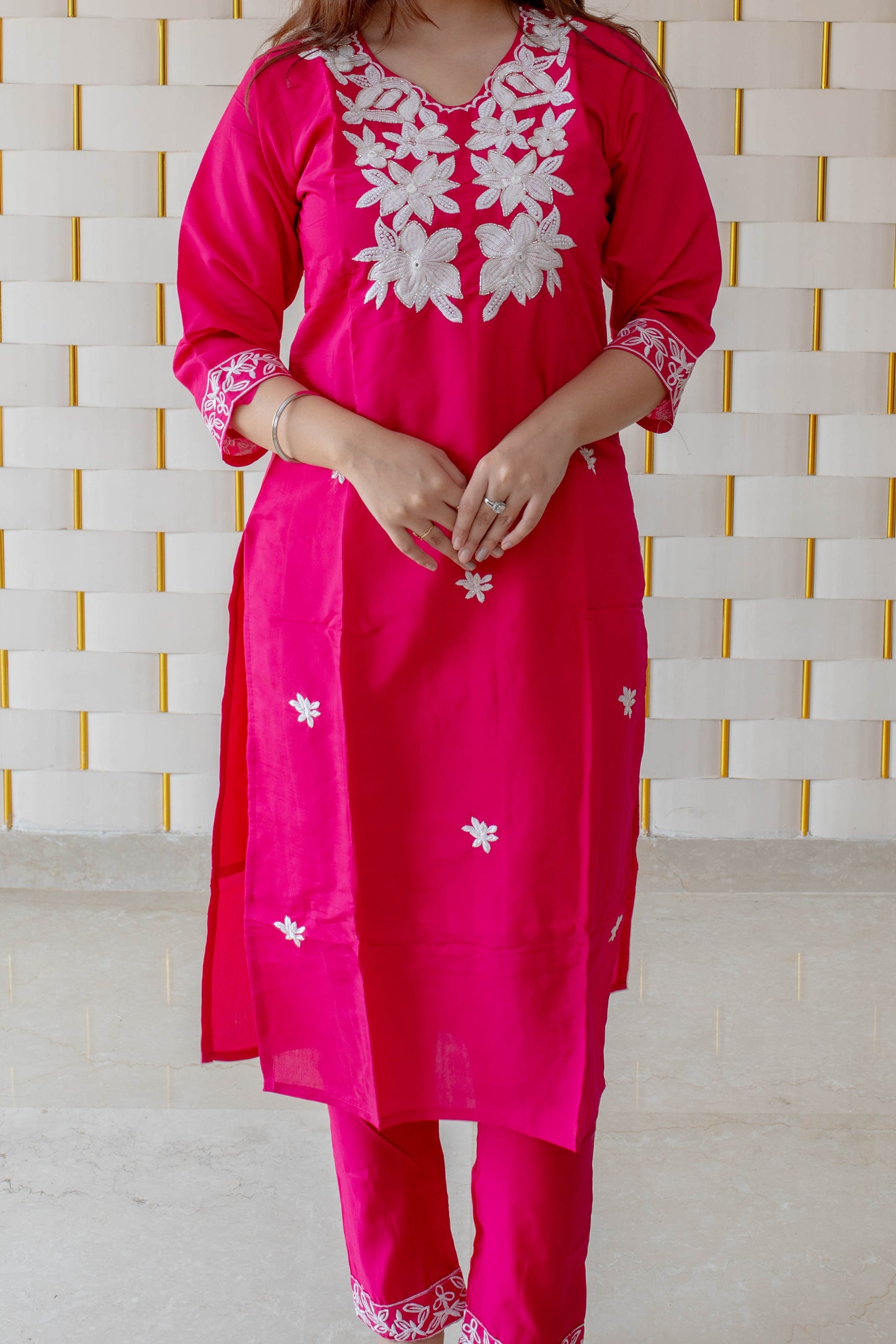 Bright Pink Suit with White Floral work on Neck, Borders and Dupatta