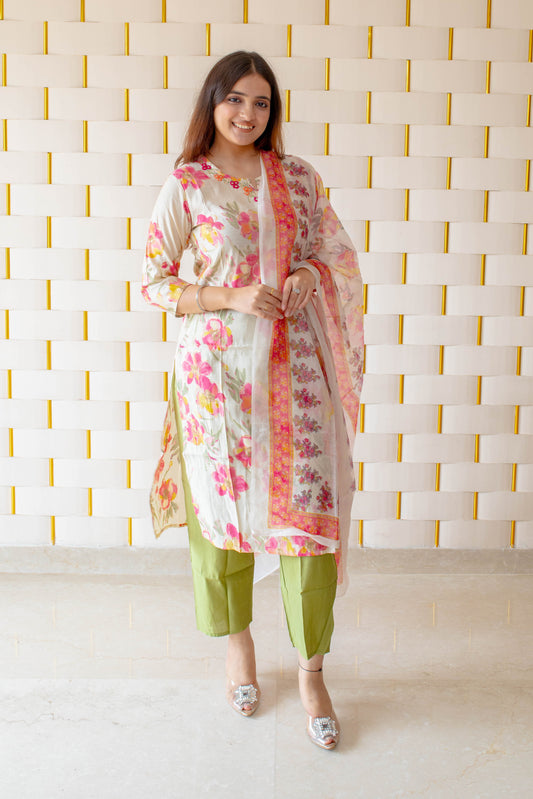 Off-White Pink Floral Suit with Parrot Green Pajamas