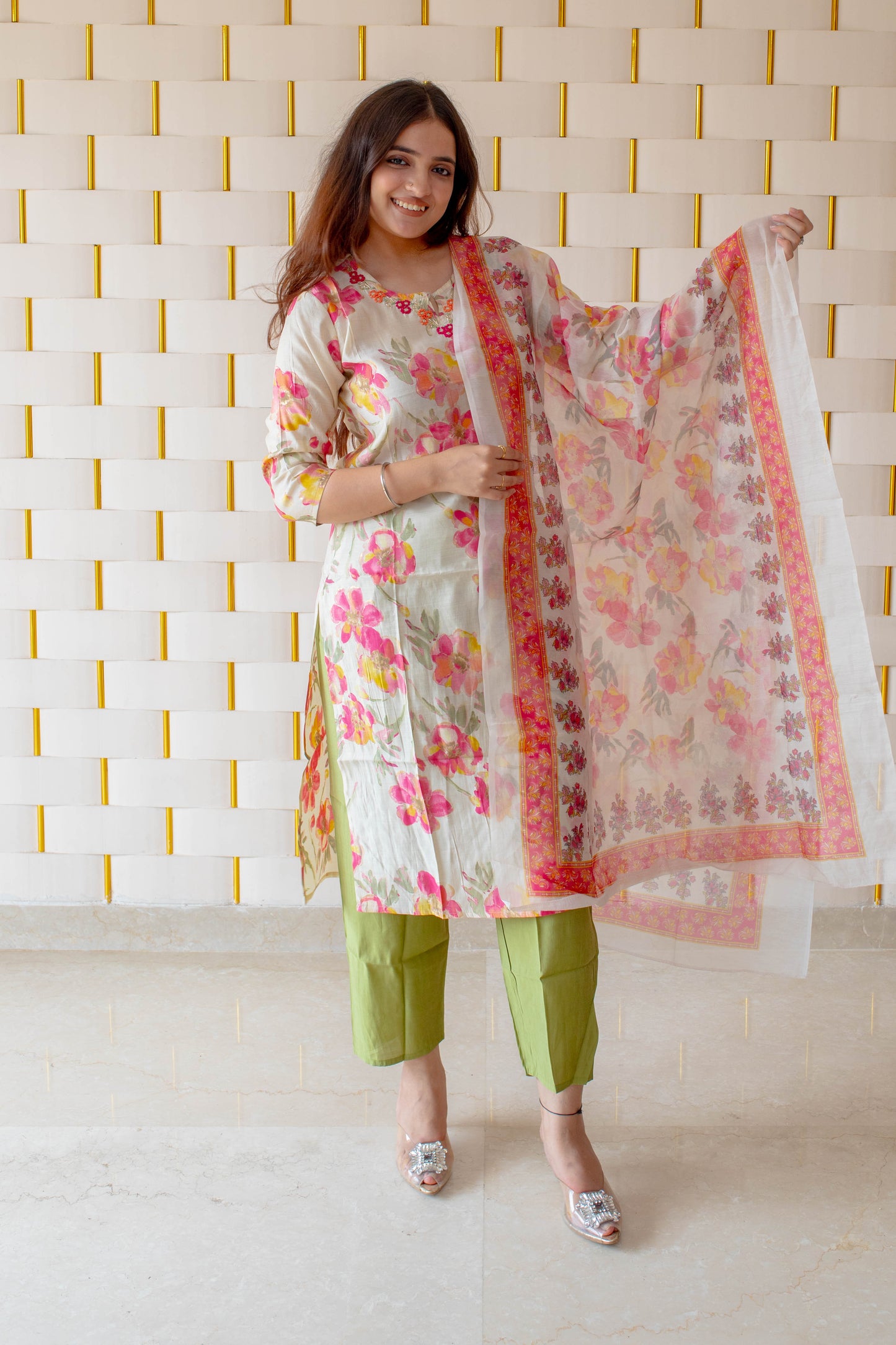 Off-White Pink Floral Suit with Parrot Green Pajamas