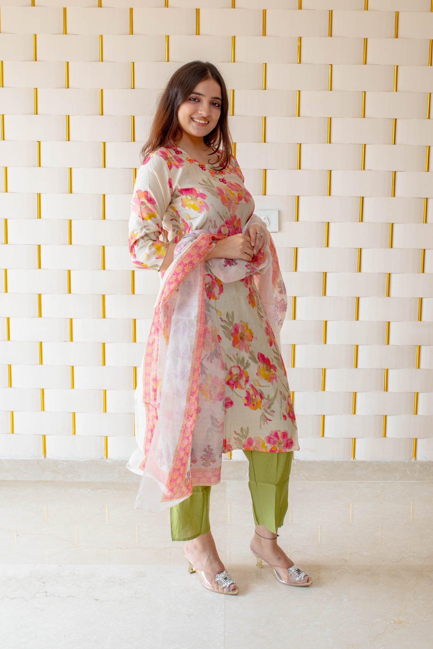 Off-White Pink Floral Suit with Parrot Green Pajamas