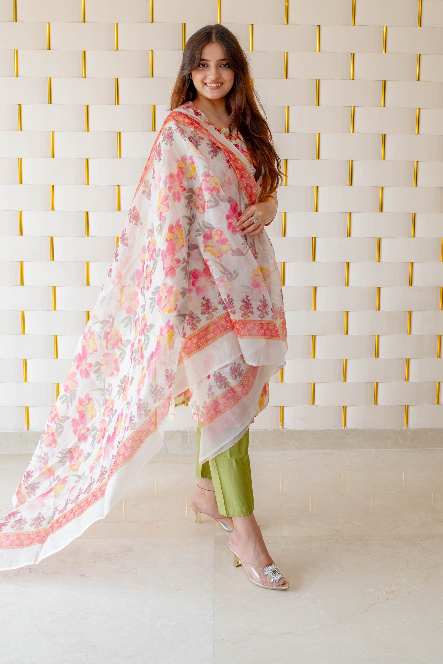 Off-White Pink Floral Suit with Parrot Green Pajamas