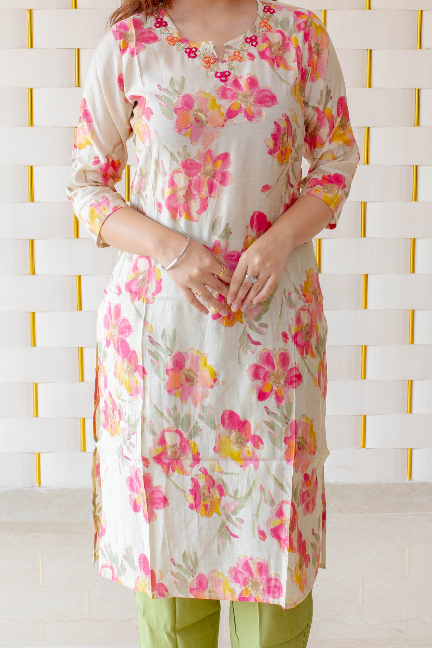 Off-White Pink Floral Suit with Parrot Green Pajamas