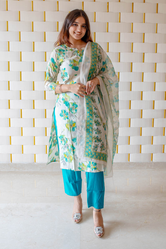 Off-White Suit with Bluish Green Floral and Peacock Blue Pajamas