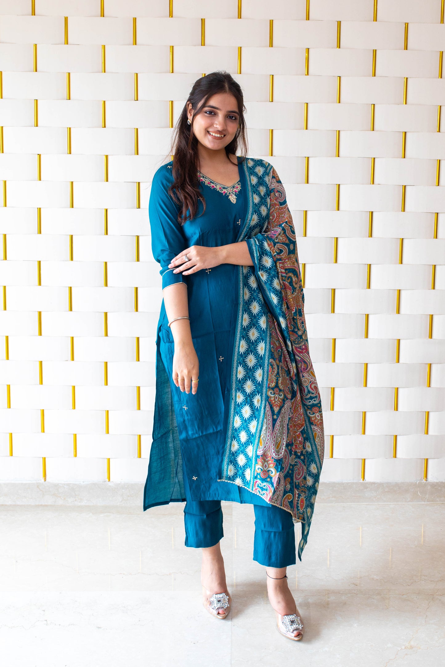 Peacock Blue Suit with Work on Neck and Printed Dupatta