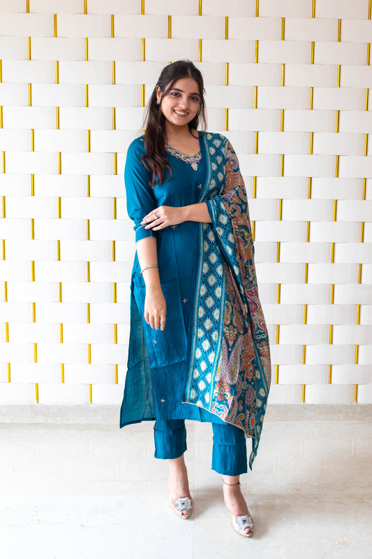 Peacock Blue Suit with Work on Neck and Printed Dupatta