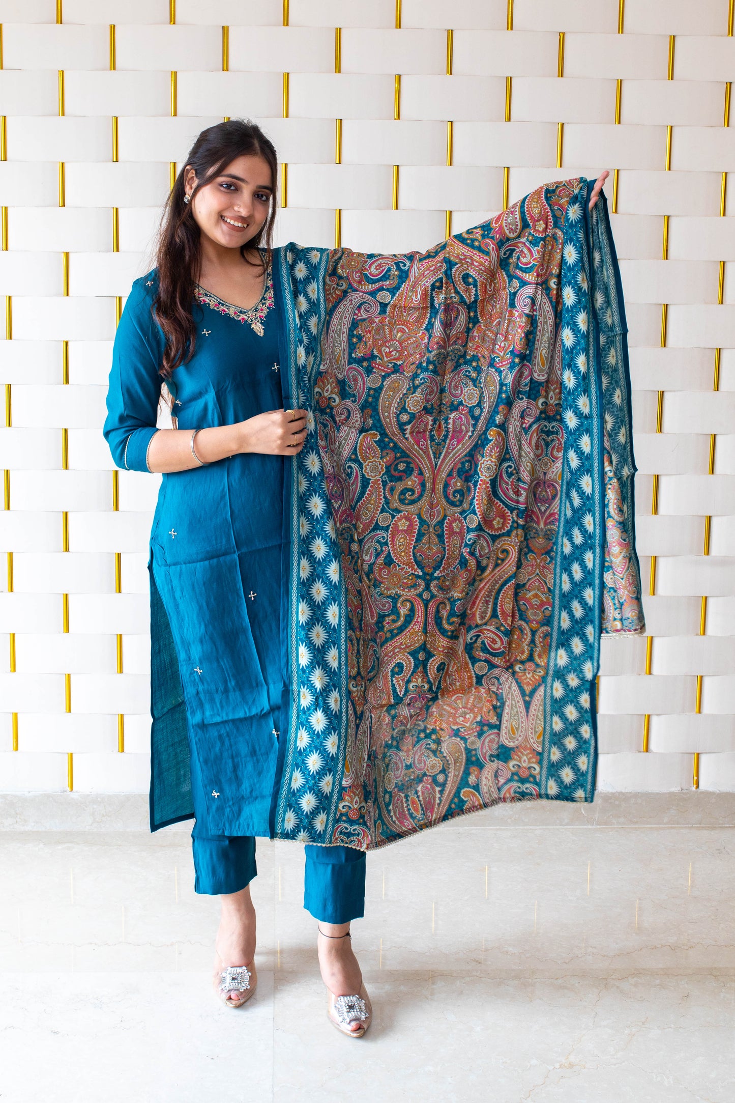 Peacock Blue Suit with Work on Neck and Printed Dupatta